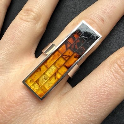Moderner Designer Ring 925 Silber MTM Silver Studio Bernstein Handarbeit RG 60