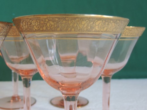 Vintage Tiffin-Franziskaner Rosa Set 7 Cocktail Rambler Rose 5" Optik Gold Stiel - Bild 2 von 8