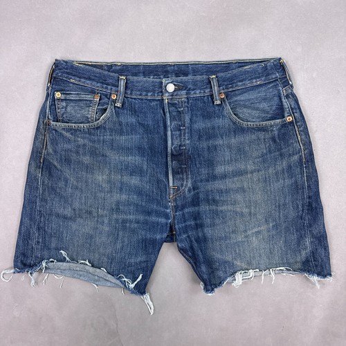 Levis 501 Cut Offs Men 36 Blue Denim Shorts Jort Frayed Faded Button Fly (Tag38) - Picture 2 of 15