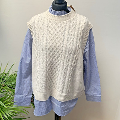Woolovers Zopfmuster Rundhals Weste mit Webshirt Lagenlook XL passt UK 20 22 NEU