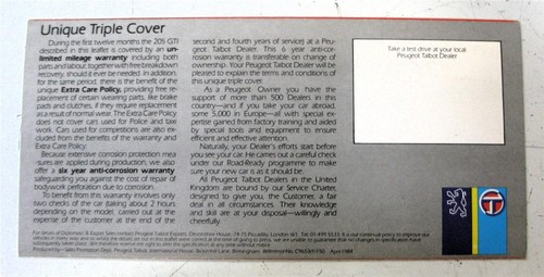 PEUGEOT 205 GTi Car Sales Brochure Apr 1984 #C9653/1/150 - Picture 4 of 4