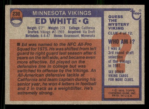 Ed White 1976 Topps All-Pro Rookie Card #230 Minnesota Vikings - Bild 2 von 2