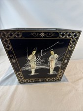Vintage Black Lacquer Chinoiserie Style Soapstone Geisha Girls Hexagon Planter