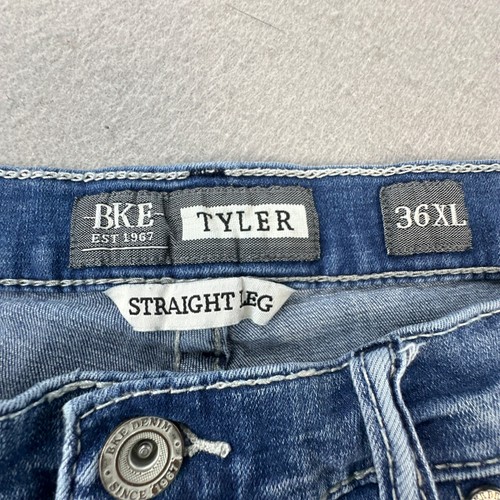 BKE Jeans Mens 36 XL Tyler Straight Light Distressed Wash Denim Blue Buckle - Picture 5 of 9