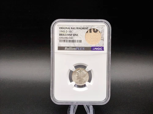 1945-D Mercury Dime 10c NGC Brilliant Uncirculated With "Original Bag Fragment"