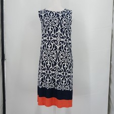 Emma & Michelle Navy Blue White Damask Sleeveless Shift Dress Coral Hem M