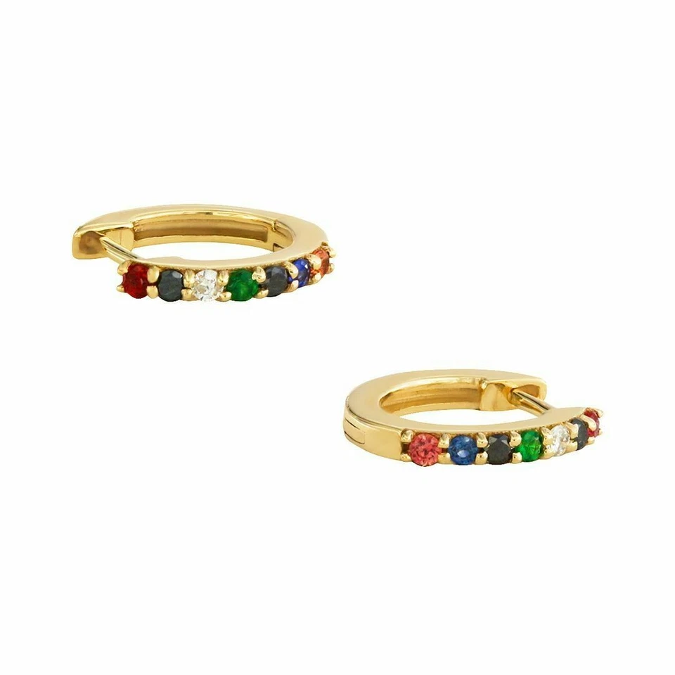 14K Gelb Vergoldet Diamant Und Multi Saphir Edelstein Creolen y428 - Bild 3 von 4