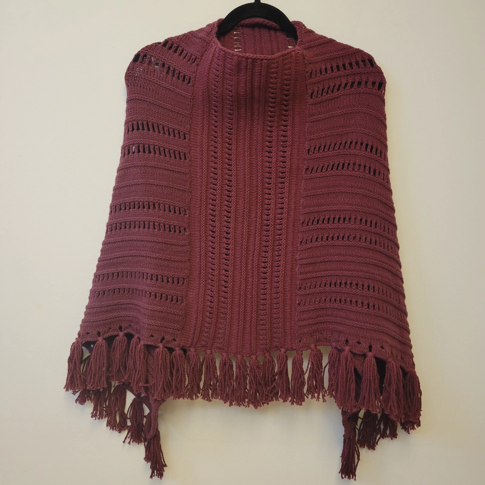 Margaret O'Leary Poncho Knitted Purple Pullover Tasseled Asymetrial One Size