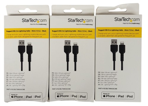3 PACK StarTech 12" Black Rugged USB-A to Lightning Charging Cable rusbltmm30cmb - 第 1/3 張圖片