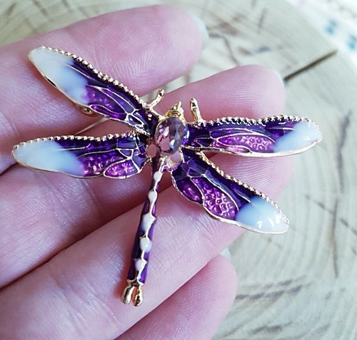 Purple Dragonfly Crystal Broach Vintage Style Insect Diamante BROOCH Pin Gift - Picture 2 of 5