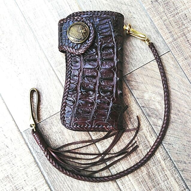 New Men/'s Biker Rocker Long Genuine Leather Zipper Wallet w// Purse Chain Black