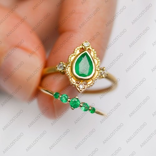 Natural Ruby, Emerald & Black Diamond 5 Graduation Gemstone Band Ring 14k Gold - Picture 16 of 24