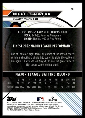 2023 Topps Finest Miguel Cabrera Blue Aqua Vapor Refractor /250 Tigers #15 - Bild 2 von 2