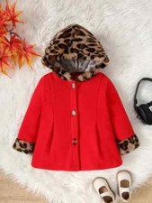 Mädchen Kapuzenjacke Rot mit Plüsch-Leoparden-Print, Manschetten , Größe 80; 110
