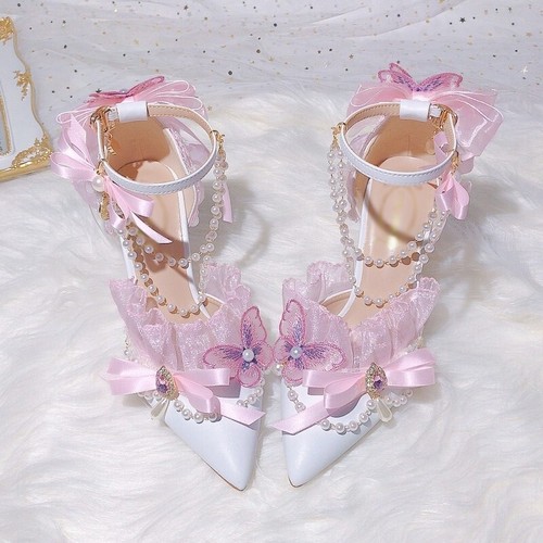 Pink Bowknot Pearl Lolita Princess Style Bridal Wedding Shoes: Pointed Toe Strap - Picture 2 of 24