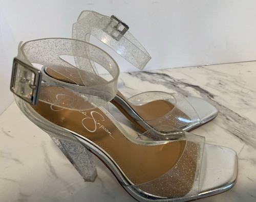JESSICA SIMPSON High Heels Franie Clear Silver Glitter Ankle Strap Women’s 6.5 M - Picture 9 of 17