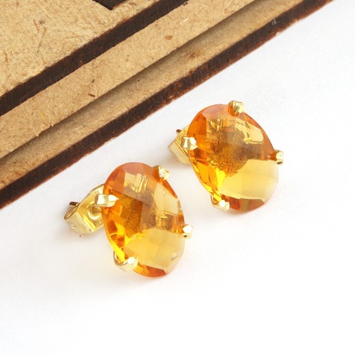 Oval Shape 10x14 mm Hydro Quartz Chalcedony Gold Plated Birthstone Stud Earrings - Picture 22 of 67