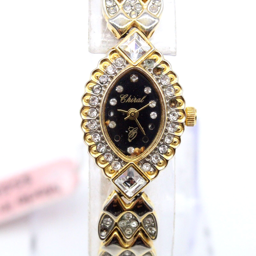 Orologio Vintage CHIRAL Donna Tono Oro Acciaio Inox Strass Quadrante Nero - Foto 3 di 9