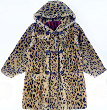 Vintage Leopard Print Faux Fur Hooded Coat ILGWU Cat Claw Womens 70s LARGE punk