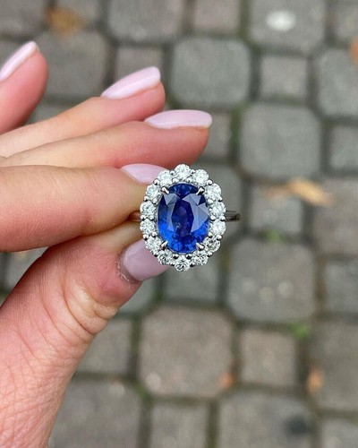4.39 Ct Oval Cut Natural Sapphire & Diamond Engagement Ring 14K Solid White Gold - 第 1/10 張圖片