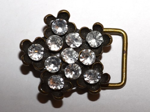 Vintage 1950s Rhinestone Flowers Set in Brass Belt Buckle Distressed Rhinestones - Picture 2 of 3