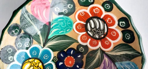 Vtg Mexican Hand Painted Footed Pottery Bowl Flowers Colorful Folk Art Boho 5.75 - Picture 4 of 7