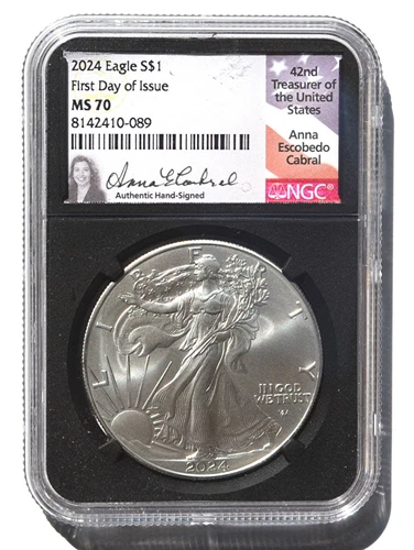 2024 $1 Silver Eagle NGC MS70 1st Day Issue - Anna Escobedo Cabral American Flag