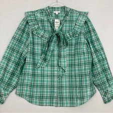 New Charter Club Green Plaid Ruffle Tie Front Cottagecore Blouse XXL