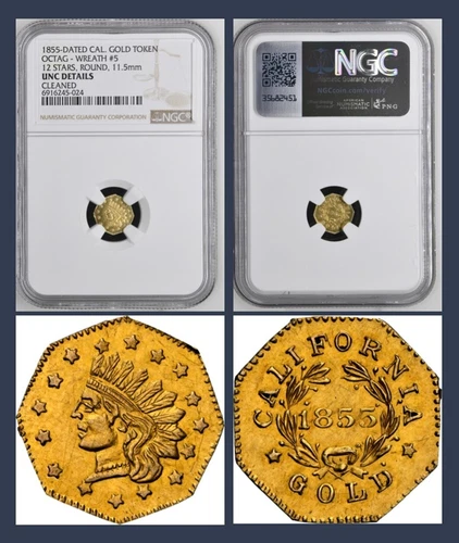 RARE 1855 1/2 CALIFORNIA GOLD, WREATH #5, 12 STARS / NGC UNC POP 2 - R8