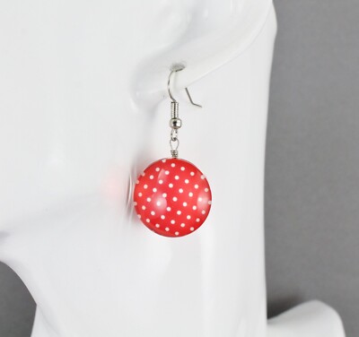 Red earrings polka dot dangle jewelry 1 5/8'' long medallion white dots