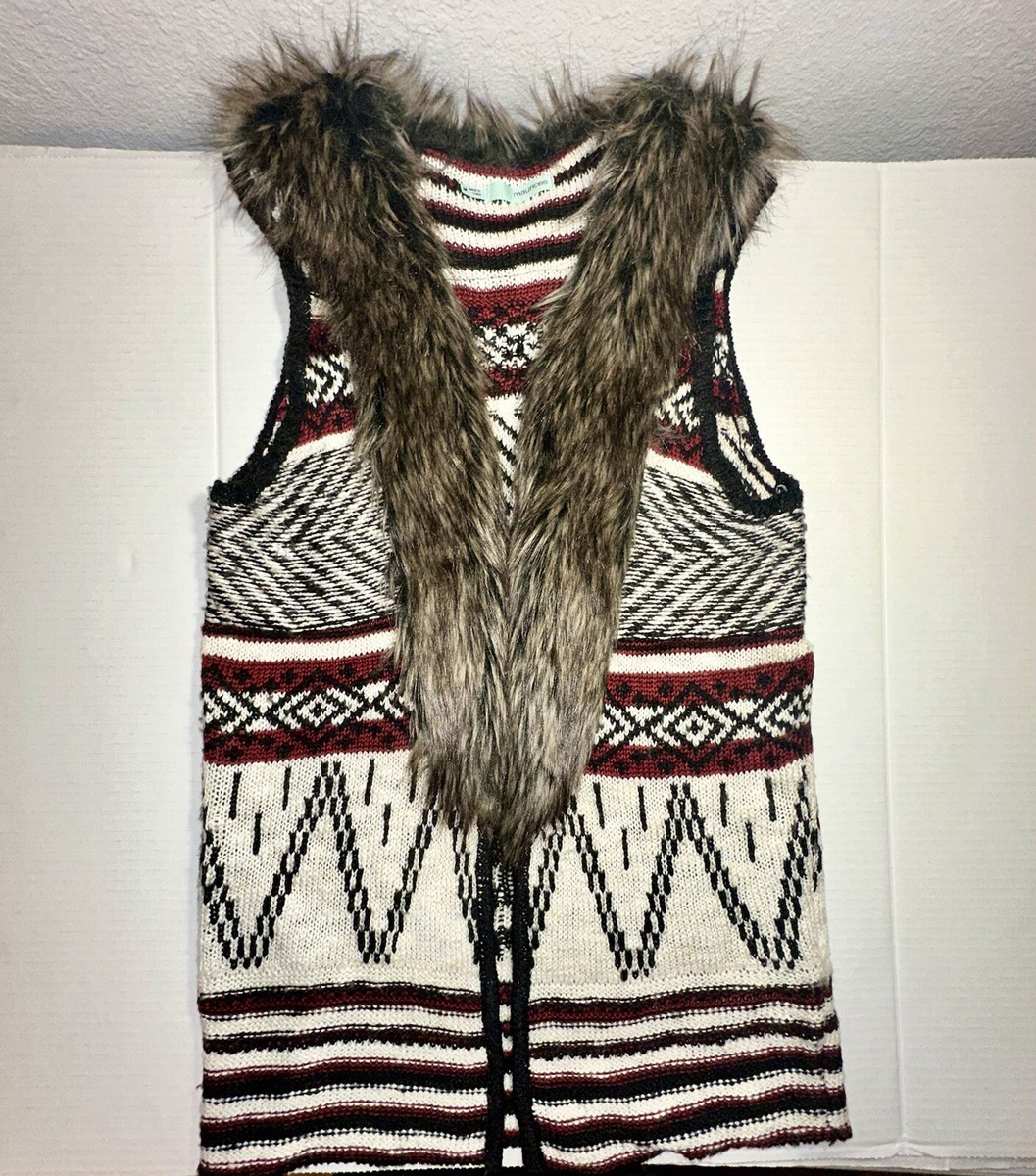 70's Faux Fur Vest Maurices Knit Vest Faux Fur Trim Womens