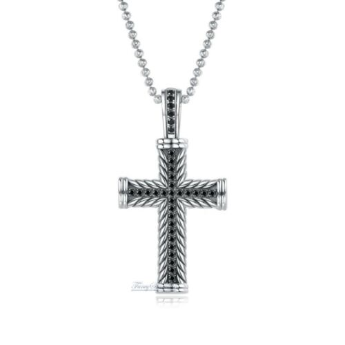 Black Simulated Diamond Cross Pendant Necklace 14K Oxidized White Gold Finish - Picture 8 of 8