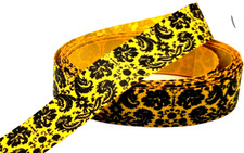 3 yds 7/8" Black Floral Damask Pattern on Yellow Gold Grosgrain Ribbon 100 poly