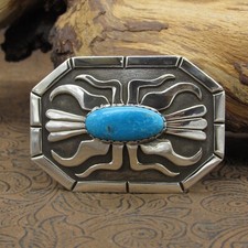 Long Oxidized Octagon-Shaped Sterling Silver Overlay Turquoise Belt Buckle