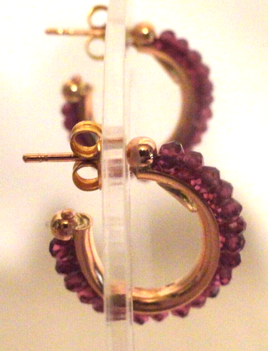 VINTAGE ESTATE 14K YELLOW GOLD BEADED AMETHYST HOOP EARRINGS H.W. BURDICK CO.🌺 - Picture 4 of 9