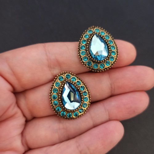 Michal Negrin Clip Earrings Sky Blue Crystal VTG Teardrop Statement Baroque 1" - Picture 3 of 11