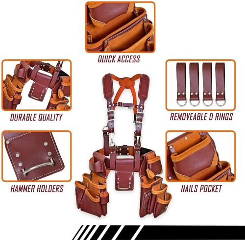 Heavy Duty Leather Tool Belt with Suspenders for Electricians, Carpenters Gear - Picture 5 of 8