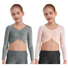 Girls Tops Modern Crop Top V-neck Shirt Dance Shrug Long Sleeve Costume Ruched