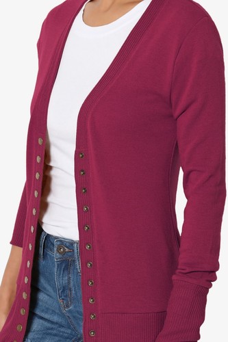 Women's Classic Snap Button Front V-Neck Long Sleeve Cute Knit Sweater Cardigan - Picture 151 of 152