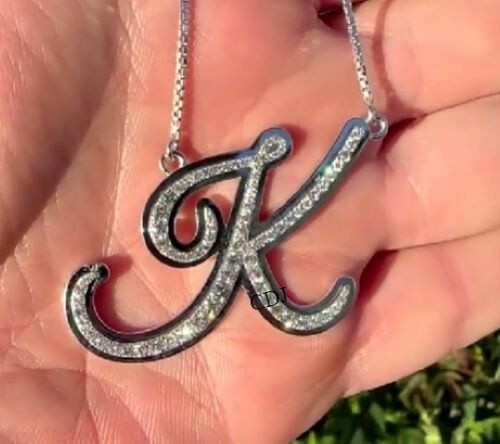 VVS Moissanite Mens Initial "k" Letter Pendant With Chain Two Tone Plated Silver - Picture 4 of 6