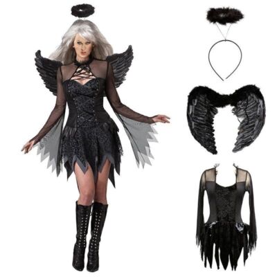 Damen Halloween Dark Fallen Angel Schwarz Erwachsene Fancy Kleid Cosplay Kostüm