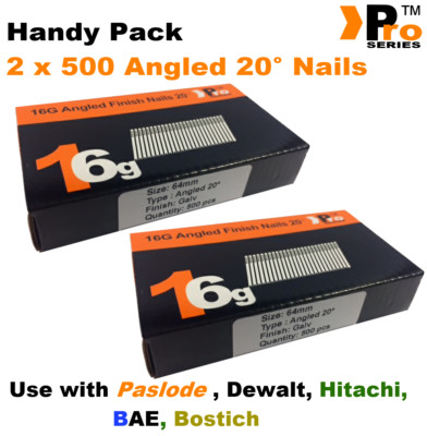 2 x 500 Nagelpackungen - Größe 63mm 16g ABGEWINKELT 20�� - für Dewalt, Paslode, Hitachi
