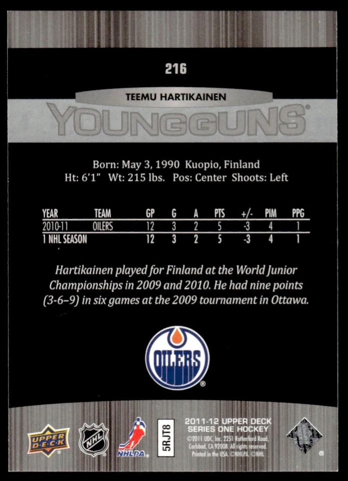 2011-12 UPPER DECK YOUNG GUNS ROOKIE Teemu Hartikainen Rookie #216 R16 - Image 2 of 2