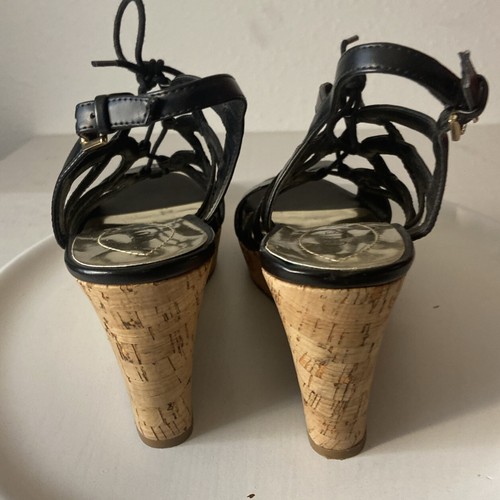 Guess Womens Gelsiee Strappy Sandal Wedge Heels Shoes Black Cork Lace Up 10 M - Picture 6 of 9