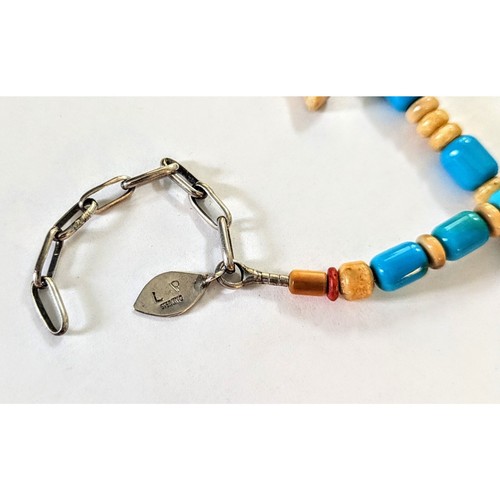 NAVAJO LYLE PIASO 925 Kingman Turquoise Bone Amethyst Beaded Bear Necklace 20" - Picture 5 of 15