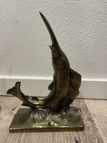 Vintage MCM Brass Jumping Swordfish Marlin Sailfish Bookends Nautical 50s 60s 70 - Picture 5 of 13