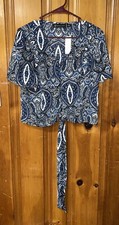 New Ny Company Blue Printed Tie Front Blouse V Neck Small