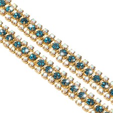 1 Yard 3 Rows Rhinestone Close Chain Trim, AB and Blue Rhinestone with Gold Base