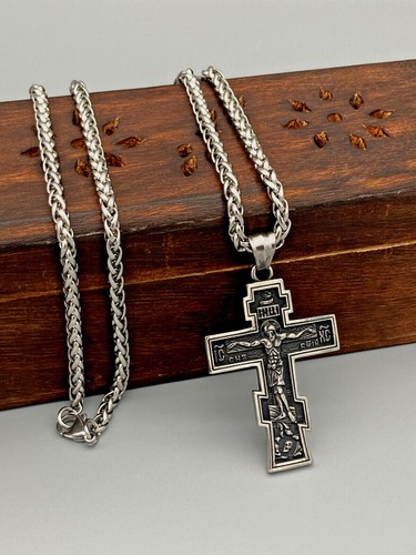 Edelstahl Anhänger Kreuz Jesus Orthodox Kruzifix Silber Herren Halskette - Bild 2 von 6