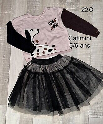 Catimini 5 / 6 Ans Fille : Pull Chien + Jupe Tulle Hiver TBE